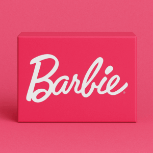 Barbie logo with pink packaging background