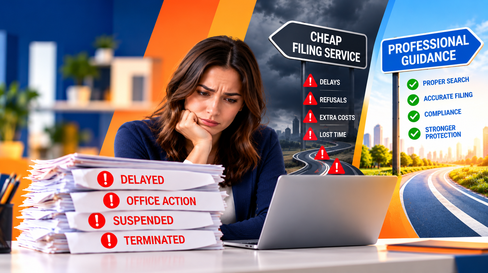 Business owner reviewing a trademark filing invoice with hidden fees